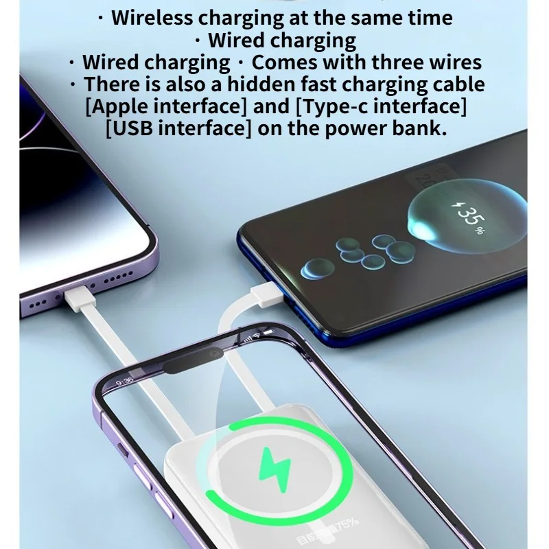 بنك طاقة لاسلكي مغناطيسي 10000 مللي أمبير في الساعة، كابل مدمج، بنك طاقة متنقل رفيع للغاية، بنك طاقة صغير محمول