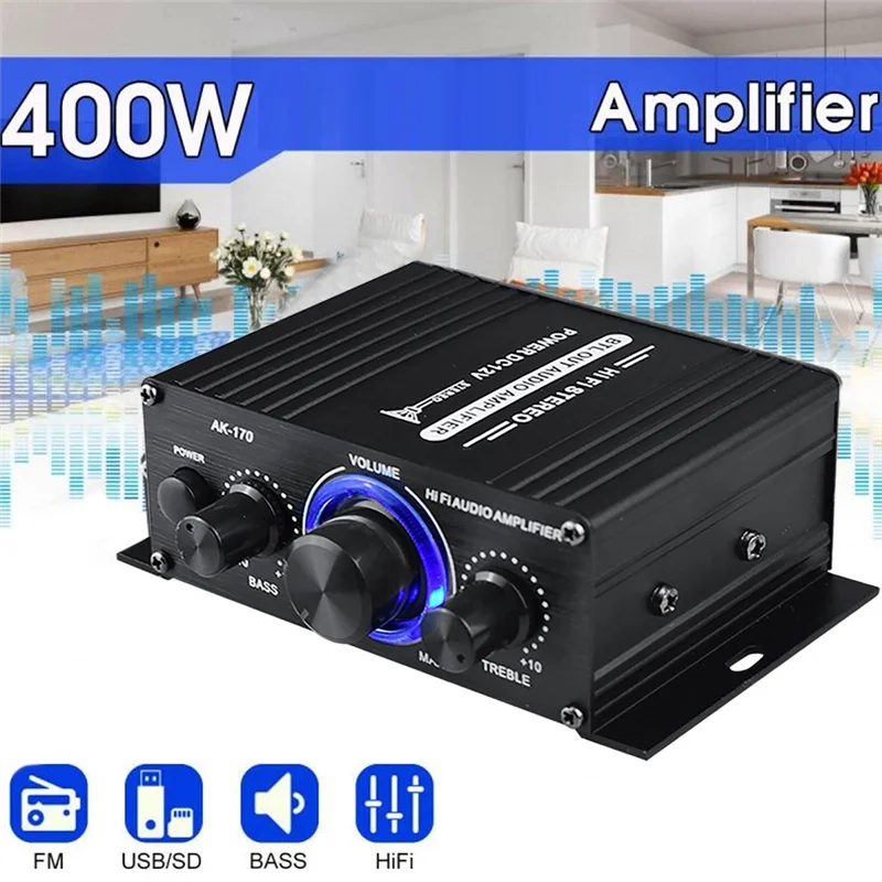 AK-170 เครื่องขยายเสียงไร้สายไฮไฟสเตอริโอเครื่องขยายเสียง 200W + 200W พร้อมอินพุต RCA รถบ้านเครื่องขยายเสียง