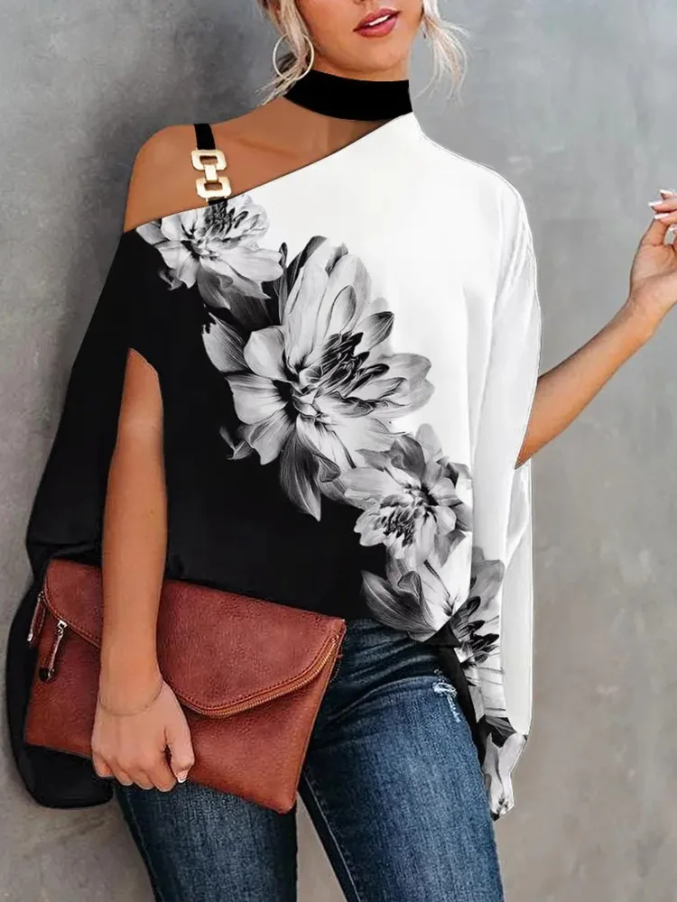 Leaf Print Chain Strap Cold Shoulder Women Blouse Tops