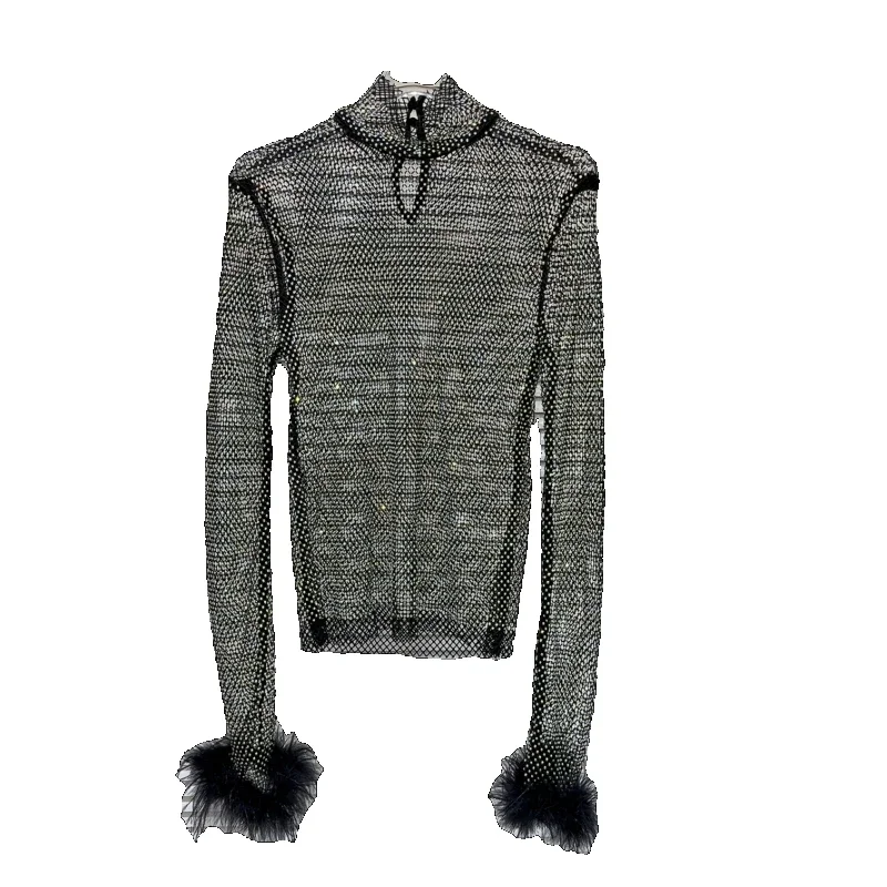 New Catwalk Performance Ostrich Fur Cuff Hollow Rhinestone Mesh Long Sleeve T-shirt for Women Sexy Y2k Tops Lady