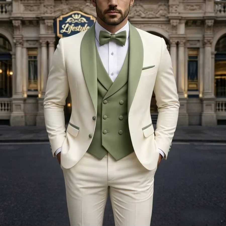 Elegant 3 Piece Color Blocked Men Suits Slim Fit Wedding Dress Shawl Lapel Jacket Vest Pants Groom Tuxedos for Dinner Business
