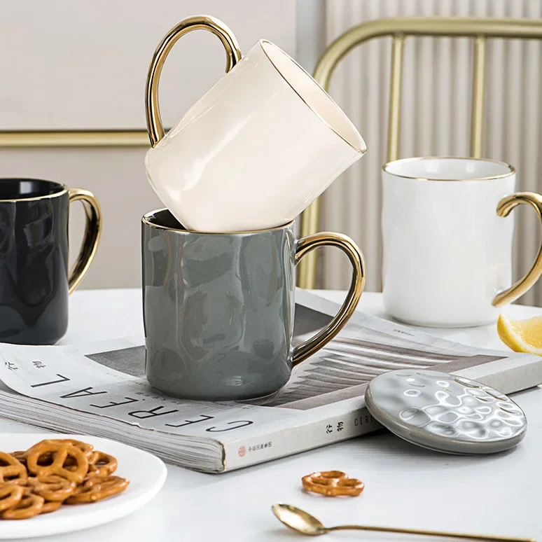 400ml Nordic style Gold Rim Mug Ceramic Coffee Cups Light luxury Afternoon tea cup Breakfast oatmeal milk cup Couple water cup