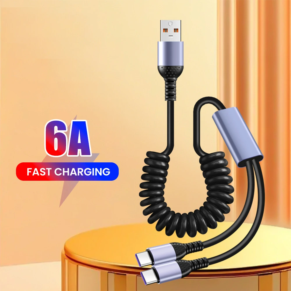 

2-in-1 6A Fast Charging Spring Data Cable Retractable USB A To Type C/Micro Cable For iPhone Samsung Xiaomi USB C Cord