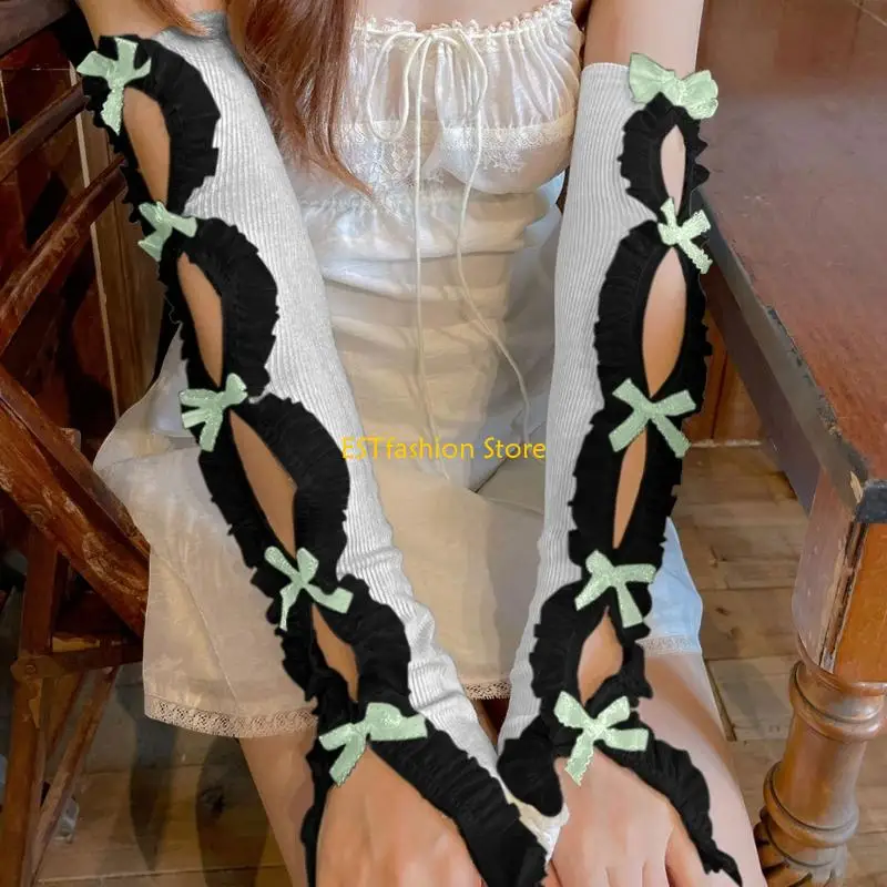 Y5GC Contemporary Cotton Blend Bows Adorned Sleeve Covers Practical Costume Gloves Cosplay Accessory for Women and Girls