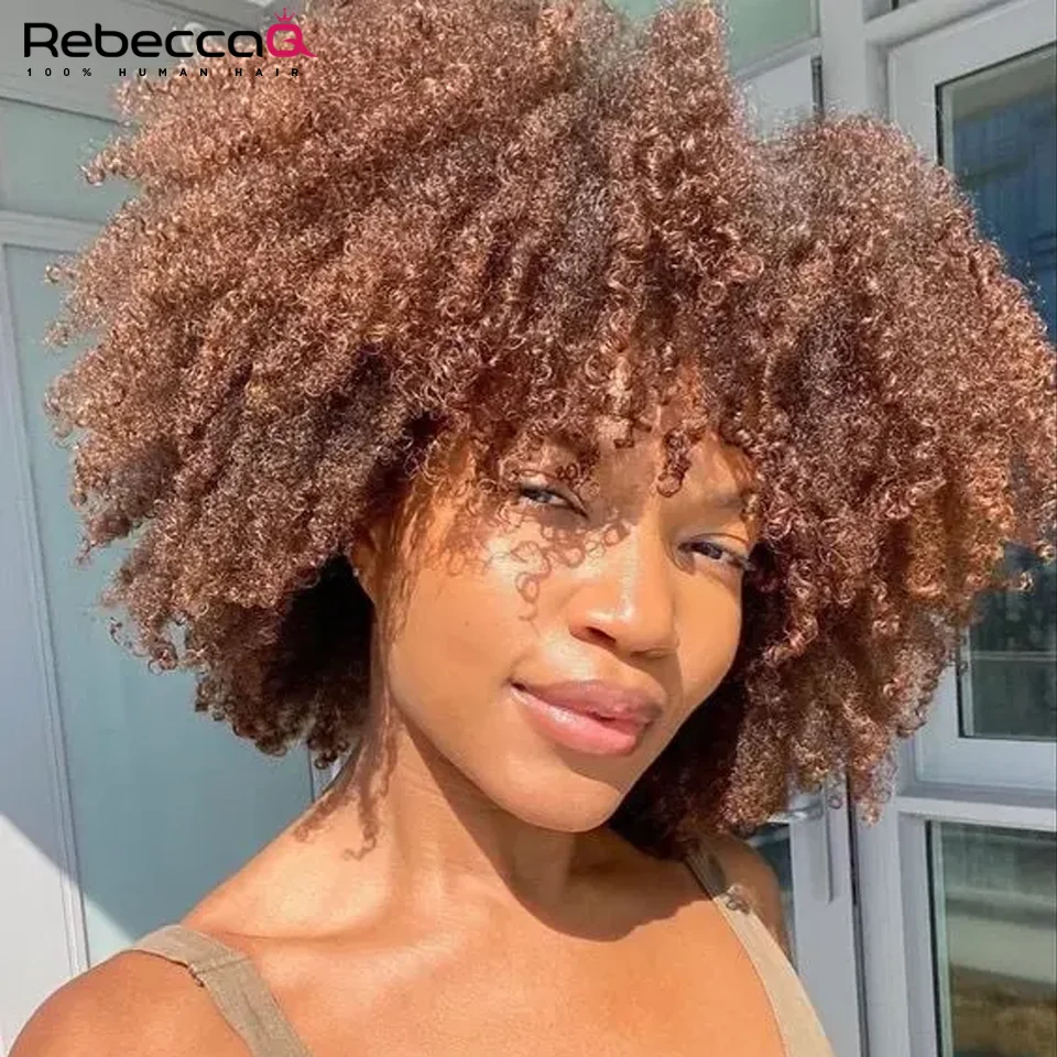 

250D Brown Color Afro Kinky Curly Human Hair Wigs with Bangs Wear to go Glueless Wig Remy Brazilian Short Curly Human Hair Wig