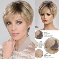 Lace Frontal 100% Remy Human Hair Wigs with Bang Layered Short Pixie Cut Wig Dark Root Blonde Human Hair Wig for White Women Use