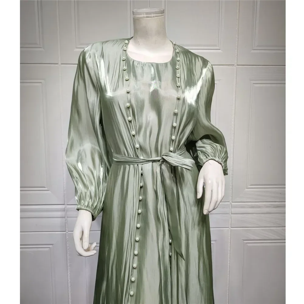 Elegante musulmano Abaya 2 pezzi coordinati set perline raso donne Hijab abito abito da sera turchia arabo Islam abiti caftano marocchino