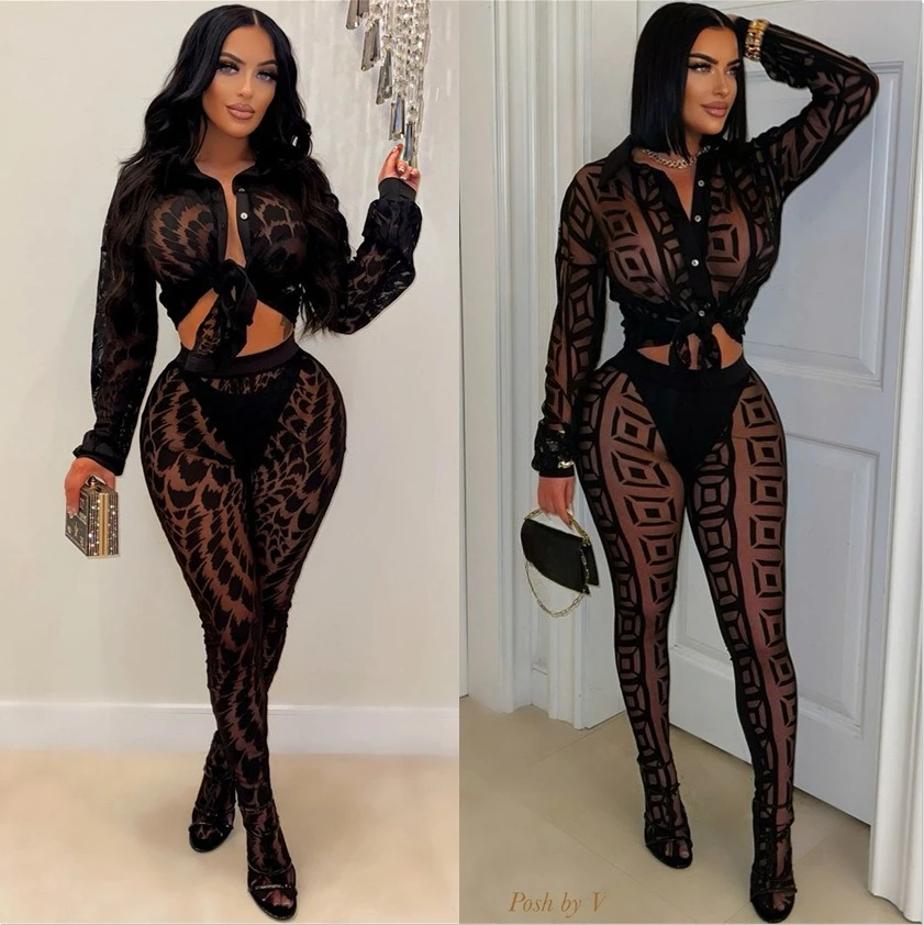 2026 Women's Geometric Mesh Sheer Long Sleeve Button Crop Top High Waist See Through Pants Slim Fit Daily Two Piece Outfit Set