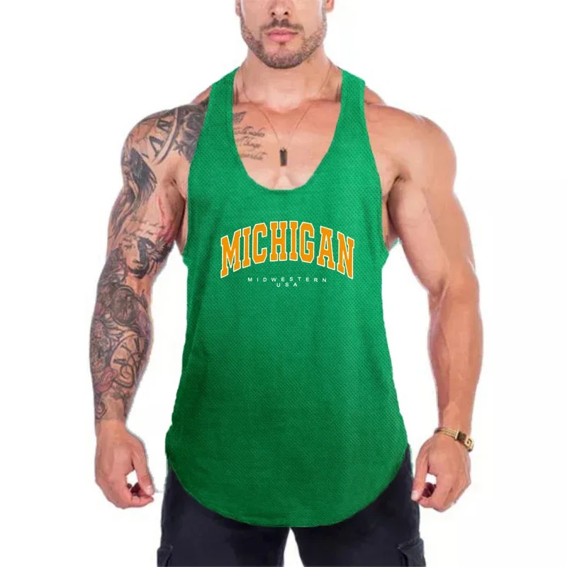 Michigan Midwestern USA Print Gym Clothing Mesh Fitness Tank Top Men Bodybuilding Sleeveless Shirt Y-Back Workout Stringer Vests