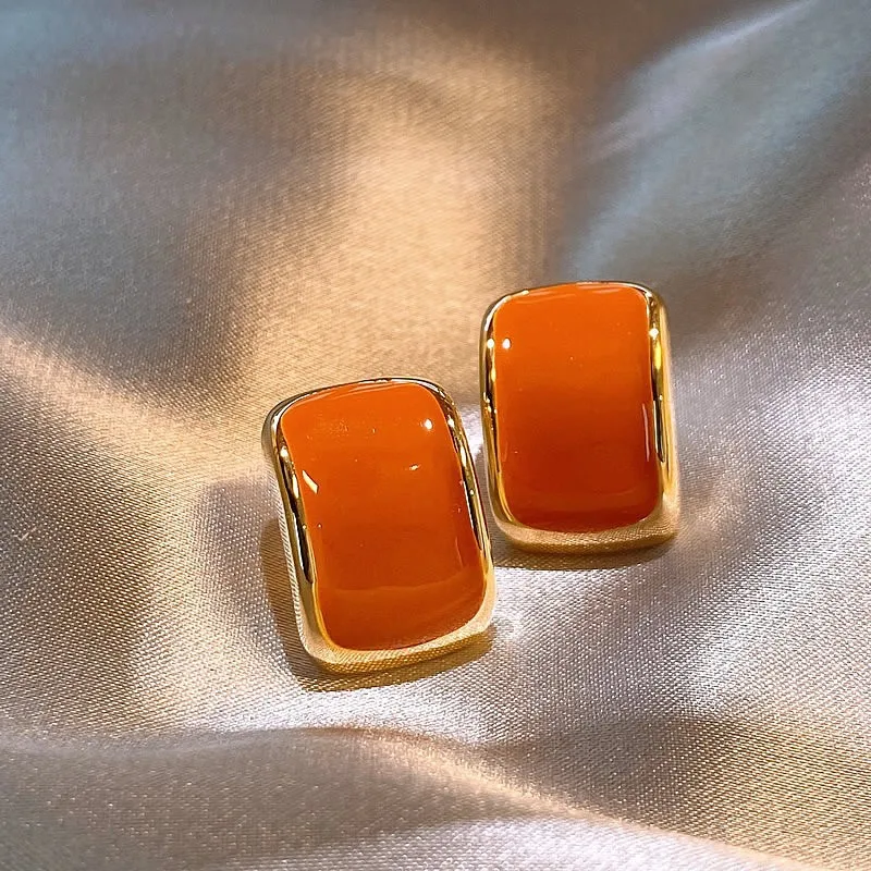 French Vintage Simple Rectangular Dripping Glaze Earrings for Women Geometry Fashion Orange Temperament Earring Jewerly Gift