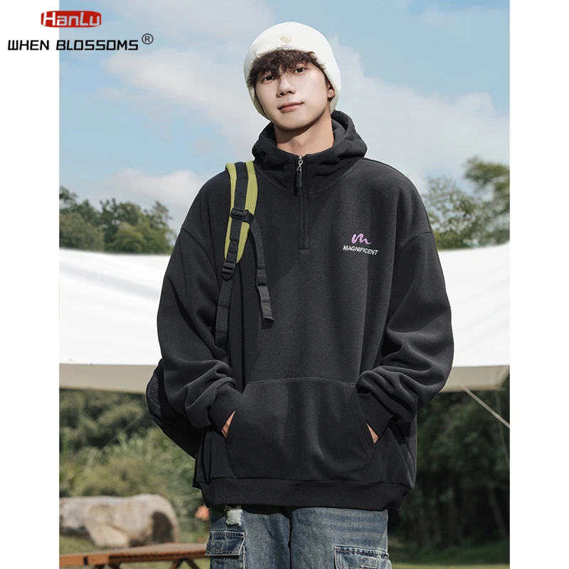 Half zipper Thick Fleece Hooded Sweatshirt For Men\'s Women\'s Autumn Winter Warm Embroidery Pullover Trendy Brand Hoodie Coats