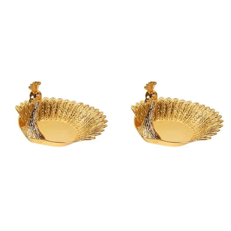 ABSE-2X Gold Peacocks Fruit Plate Metal Tray Dish Delicate Storage Plate For Candy Trinket Jewelry Snack Tray Serving