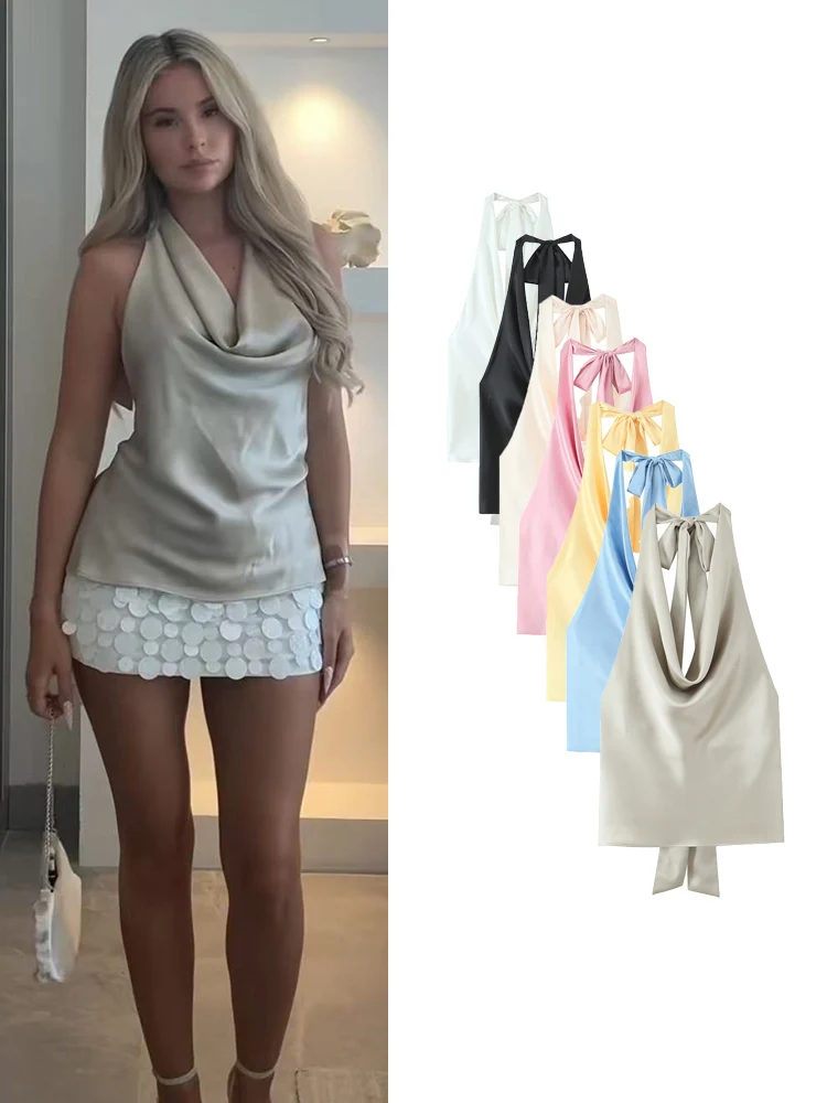 

TFMLN Chic Women Backless Halter Tops Elegant Sleeveless Back Lace Up Slim Vest Summer New Party Waistcoat Female Streetwear