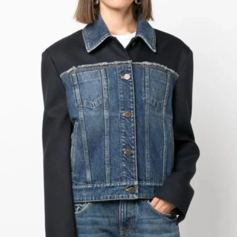 ANJY Autumn New Women High Street Elegant Stylish Casual Patchwork Contrast Color Straight Versatile Slimming Denim Jacket A7179