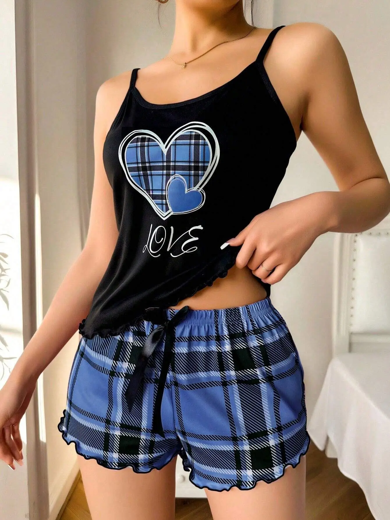 Frauen Sexy Hosenträger Shorts Dünne Pyjamas Brief Drucken Plaid Shorts Große Pyjamas Romantische Hause Tragen Sexy Nachtwäsche Kurze Pyjama – Detail 2