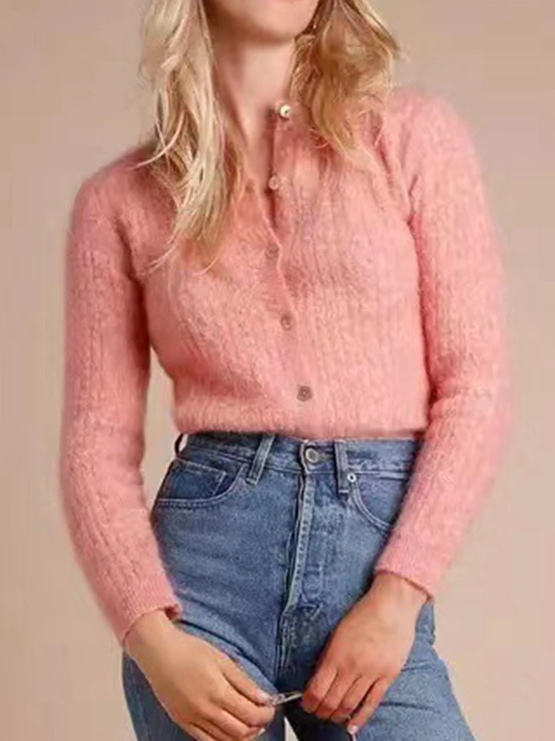 

Свитер женский осенний модный однобортный свитер из смесовой шерсти с круглым вырезом, уменьшающий возраст