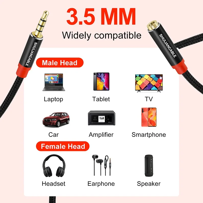 Lungfish headphone extension cable, 3.5mm connector (auxiliary audio cable, male/female jack, almost unbreakable metal casing)