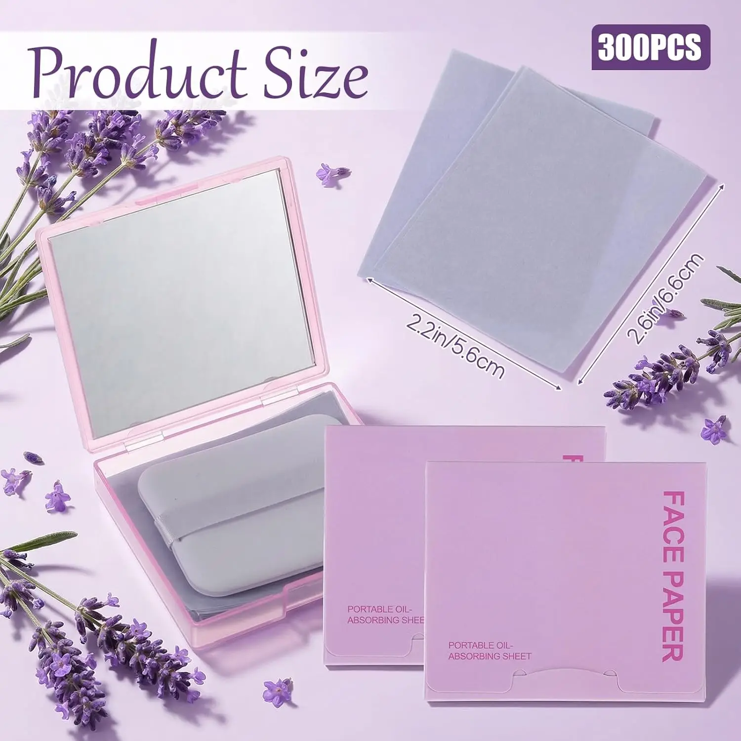 300 Sheets Oil Blotting Paper with Mirror Puff - Controls Shine, Matte Finish for Oily Skin, Travel Essentials (On-the-Go)