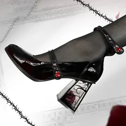 Punk Gothic High Heels Pumps Women 2024 New Rose Heeled Patent Leather Shoes Woman Ankle Straps Black Mary Jane Shoes