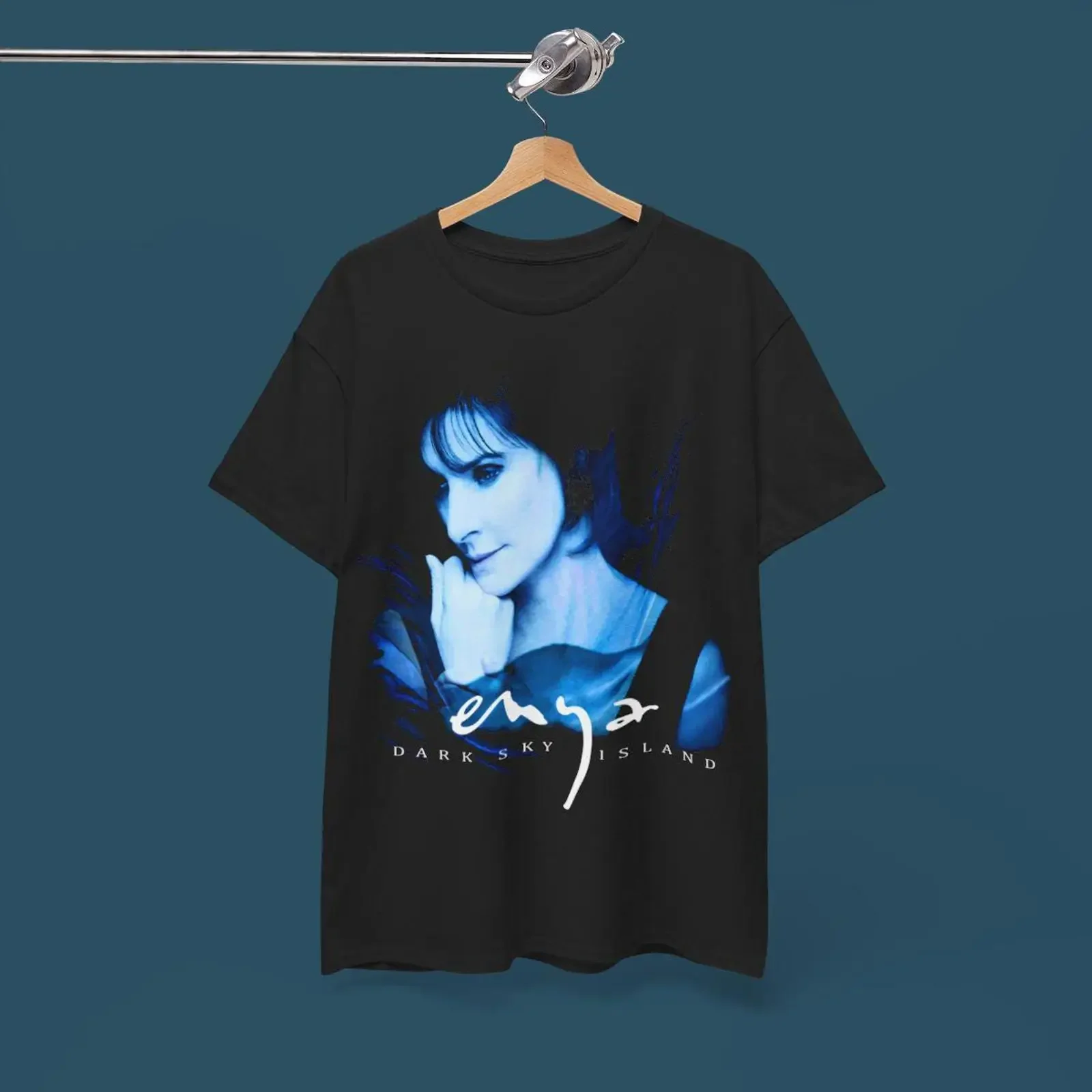 May include Black t shirt with a blue image of woman the text enya DARK SKY ISLAND printed on front vintage Washed