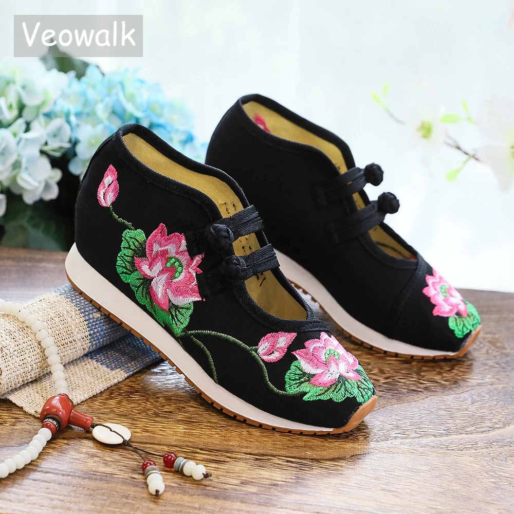 Veowalk No Tongue Design Women Canvas Embroidered Hidden Platforms Shoes Comfortable Ladies Thick Bottom Fabric Sneakers