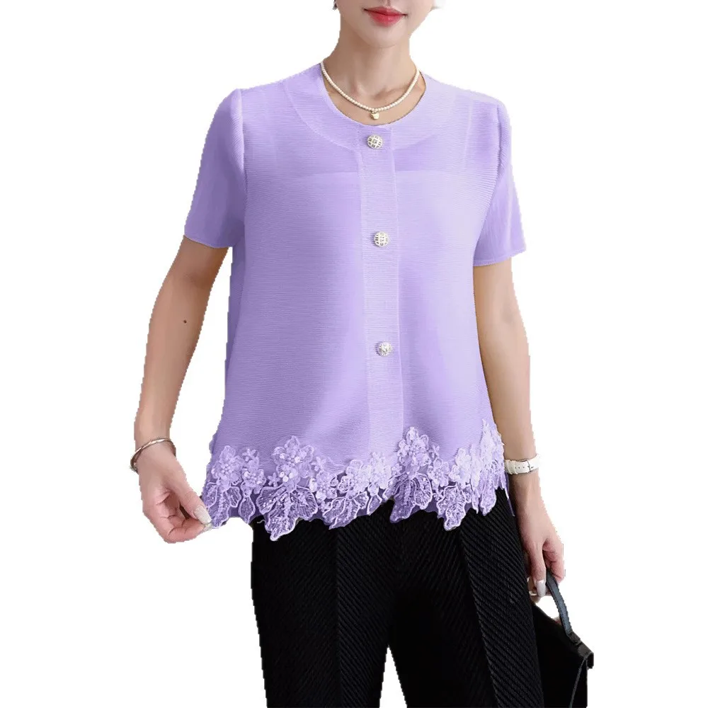 Miyake Pleats 2025 Summer New Women's Fashion Design Sense Lace Single-breasted Round Neck Pleats Loose and Versatile T-shirt