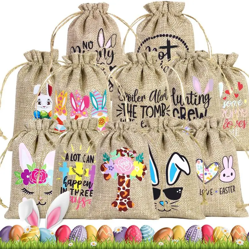 

Easter Burlap Drawstring Bag 12 Pieces Bunny Burlap Bag Goody Bag With Drawstring Linen Burlap Sack Spring Egg Candy Bag For
