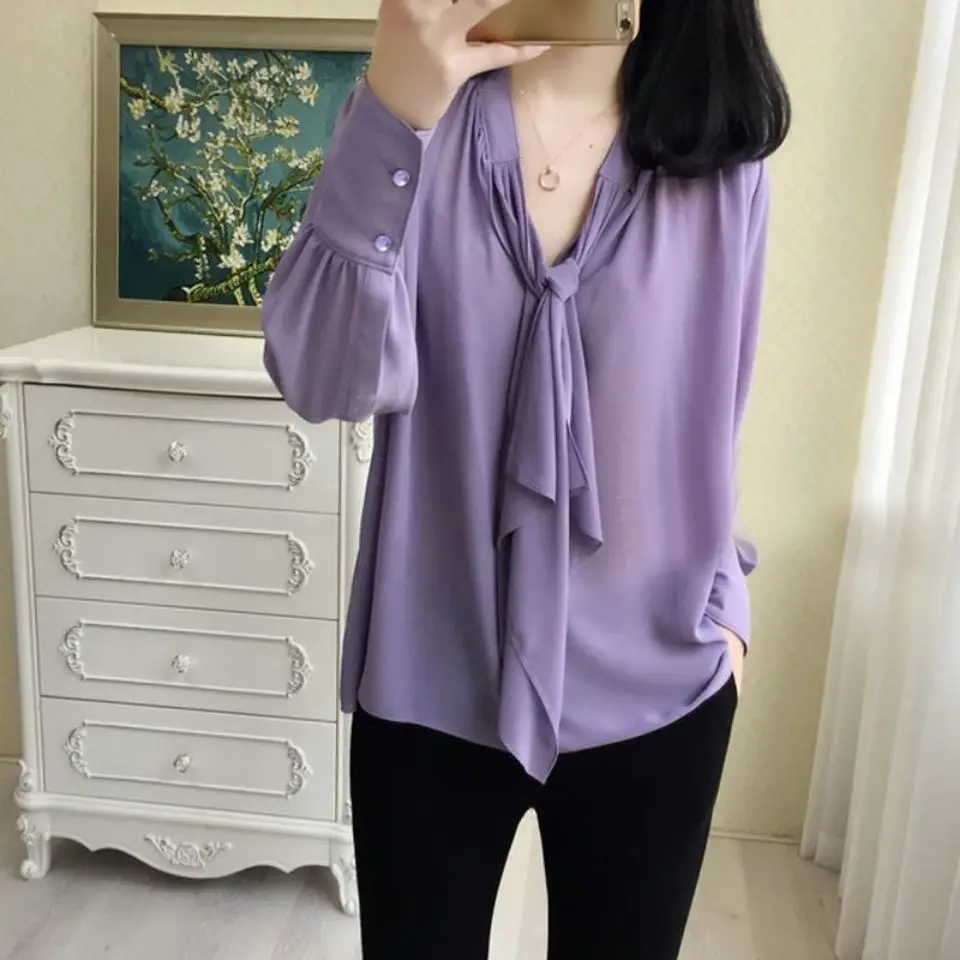 Fashion Women\'s Spring V-neck Chiffon Shirt Shirt Purple Elegant Office Temperament Long-sleeve Spring and Summer Party Shirt