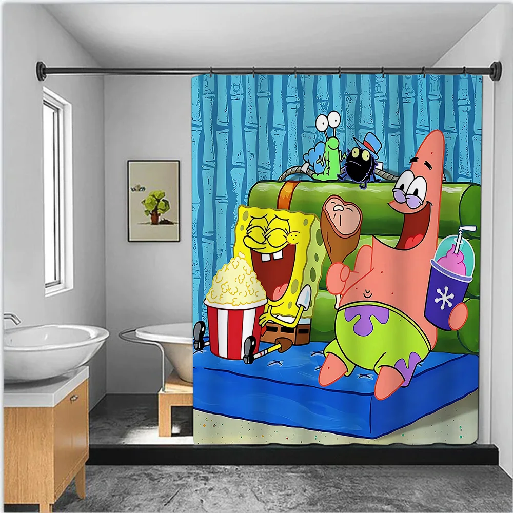 Funny Cartoon S-SpongeBob SquarePants  Shower Curtain Waterproof Polyester Fabric Paint Colorful Bath Curtains Curtain With Hook