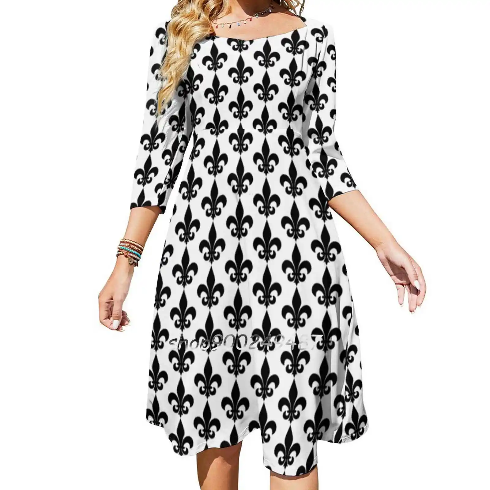 Vintage Fleur De Lis Flare Dress Square Neck Dress Elegant Female Fashion Printed Dress Iris Fleur De Lis French Quarter