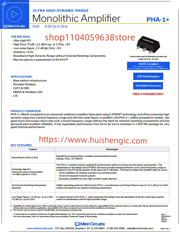 PHA-1+    RF amplifier IC CATV, DBS, LTE, MMDS, wireless LAN 50MHz ~ 6GHz SOT-8