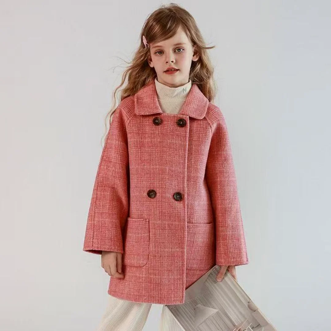 Teenager Girls Autumn Winter Coat New Fashion Children's Double-Sided Wool Plaid Trench Coat Mid-Long Blazer Collar Outerwear