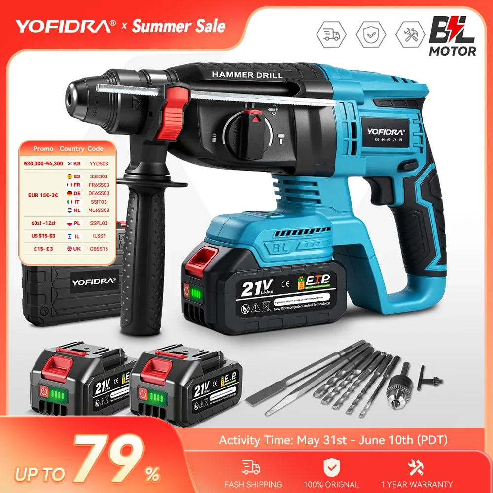 YOFIDRA 26MM Brushless Electric Hammer Drill Multifunctional Rotary Cordless Rechargeable Power Tools For Makita Battery Pin