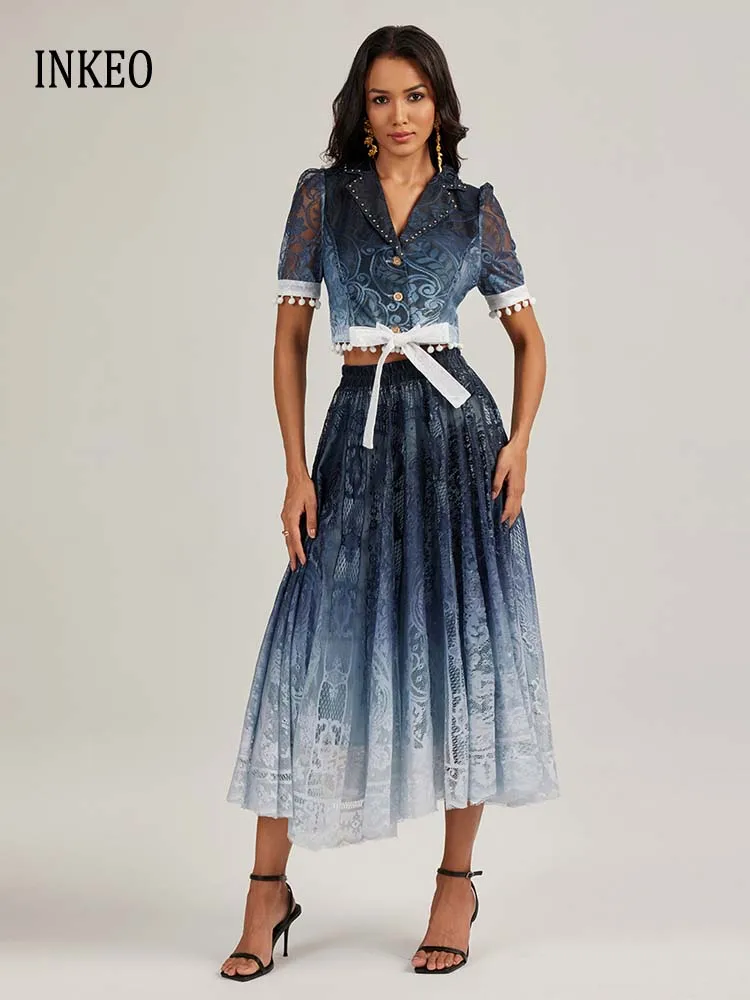 

Fashion Women lace 2 Piece set 2025 Summer Vintage Bow tops Short sleeve shirt and elastic waist skirt Stylish INKEO 5D125