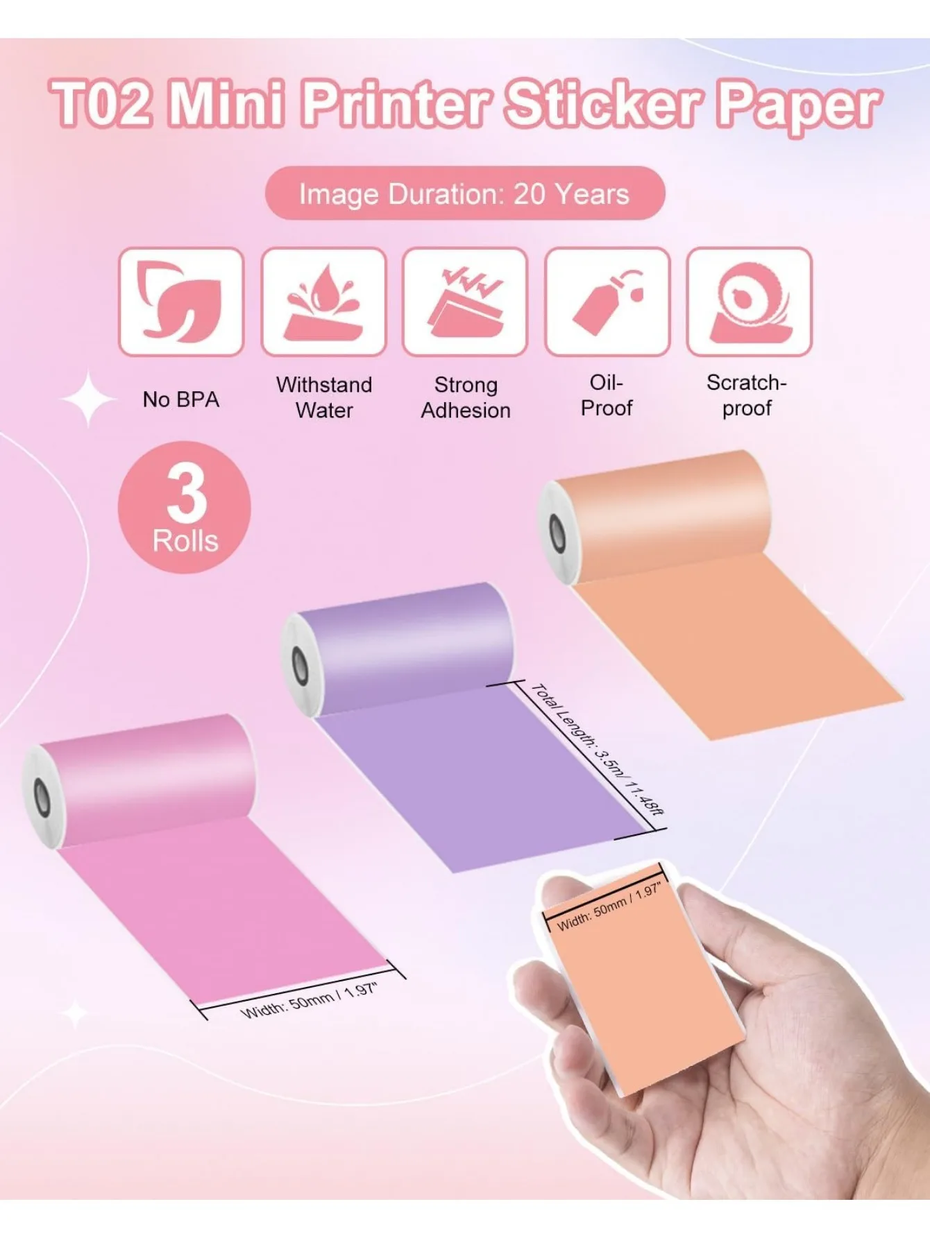 53mm Thermal Paper Roll - Compatible with T02/M02 Mini Printers, POS Receipts, Shipping Labels, Office/Home Use