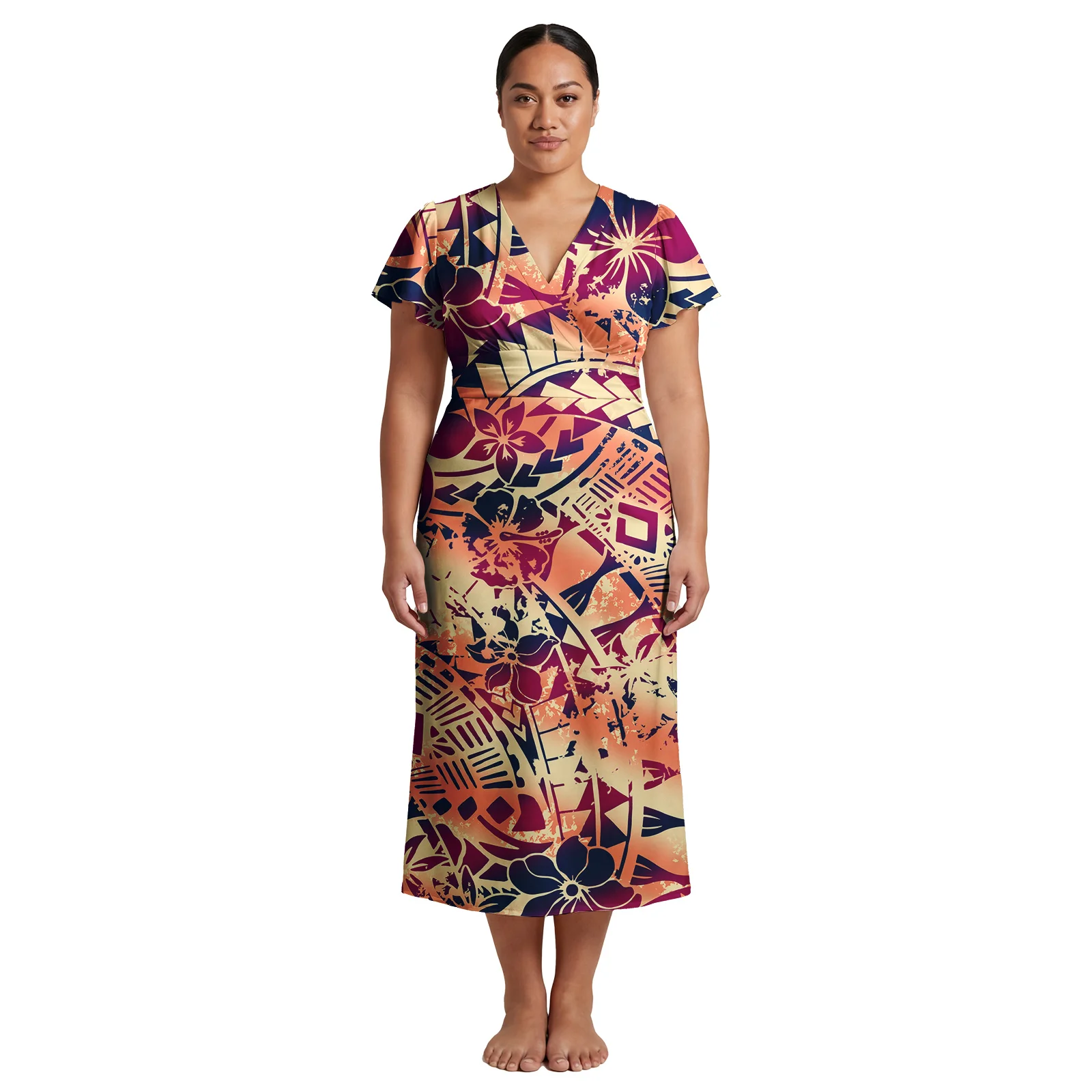 

Popular Casual Life Custom Ladies Cozy Clothes Hawaiian Floral Print Lady Wear Samoan V-neck Dress Polynesian Women Long Skirts