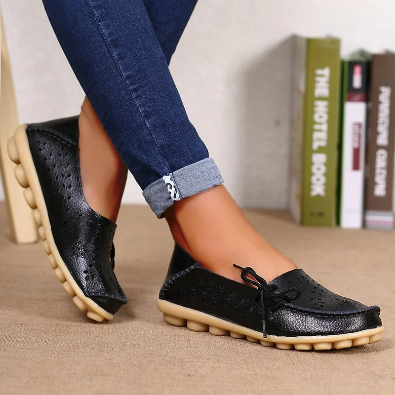 Genuine Leather Women Flats Fashion Casual Women Shoes Hollow Women\'s Shoes Slip On Flat Shoes Ballerina Plus Size Zapatos Mujer