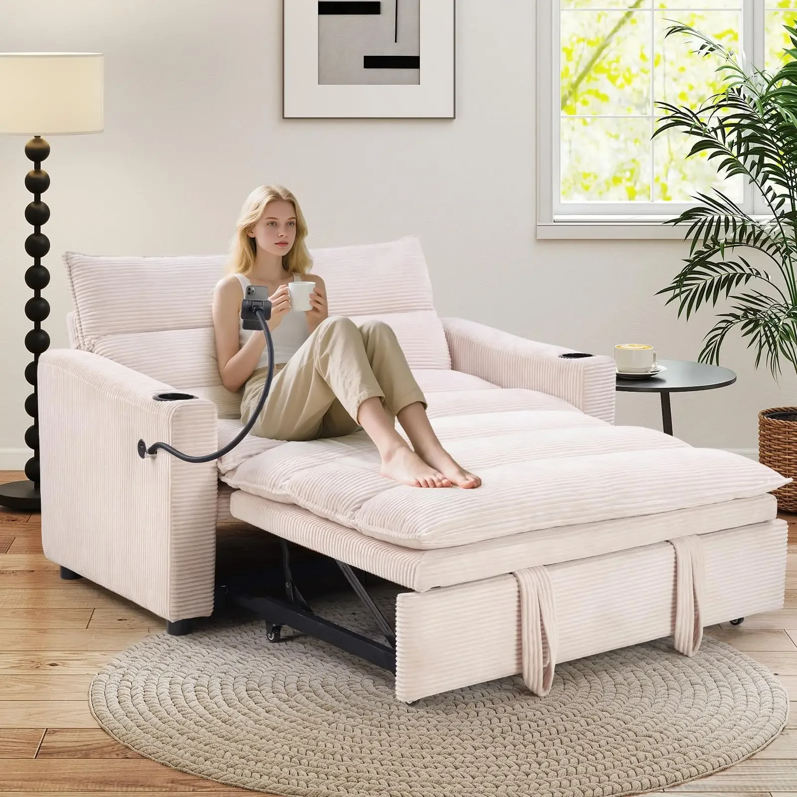 3-in-1 Convertible Loveseat Sleeper Sofa Bed, 2-Seat Pull Out Couch with Cup Holders, Phone Holder and USB Ports, Corduroy