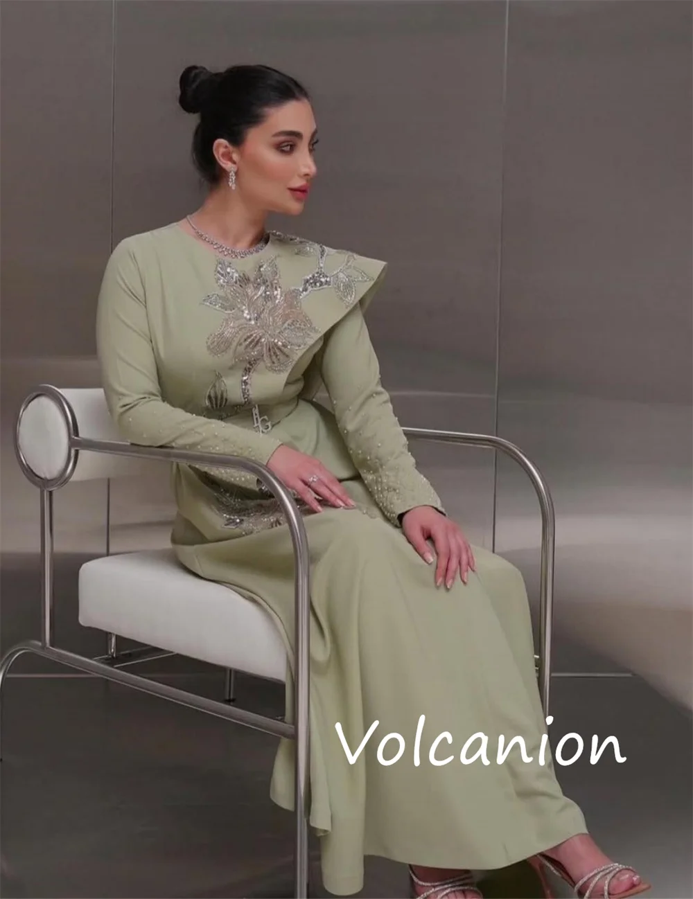 Customized Unisex Jersey Sequined Flower A-line Scoop Neck Midi Dresses Bespoke Occasion Chinese Style