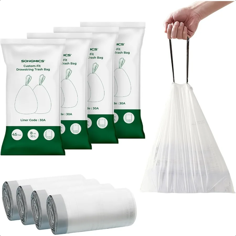 

Trash Bags for 8Gallon 30L Trash Cans 180 Count Drawstring Kitchen Garbage Bags PreSeparated Liner Code 30A 4 Rolls White UKRB0