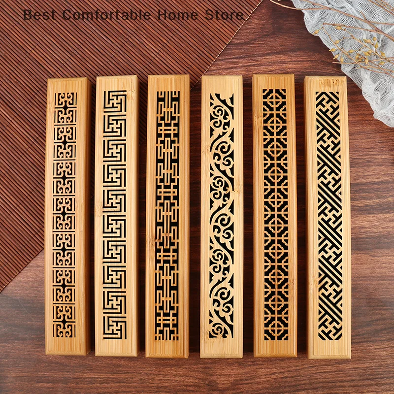 Chinese Retro Bamboo Wooden Incense Stick Holder Burning Joss Incense Box Burner Ash Catcher Home Office Decoration