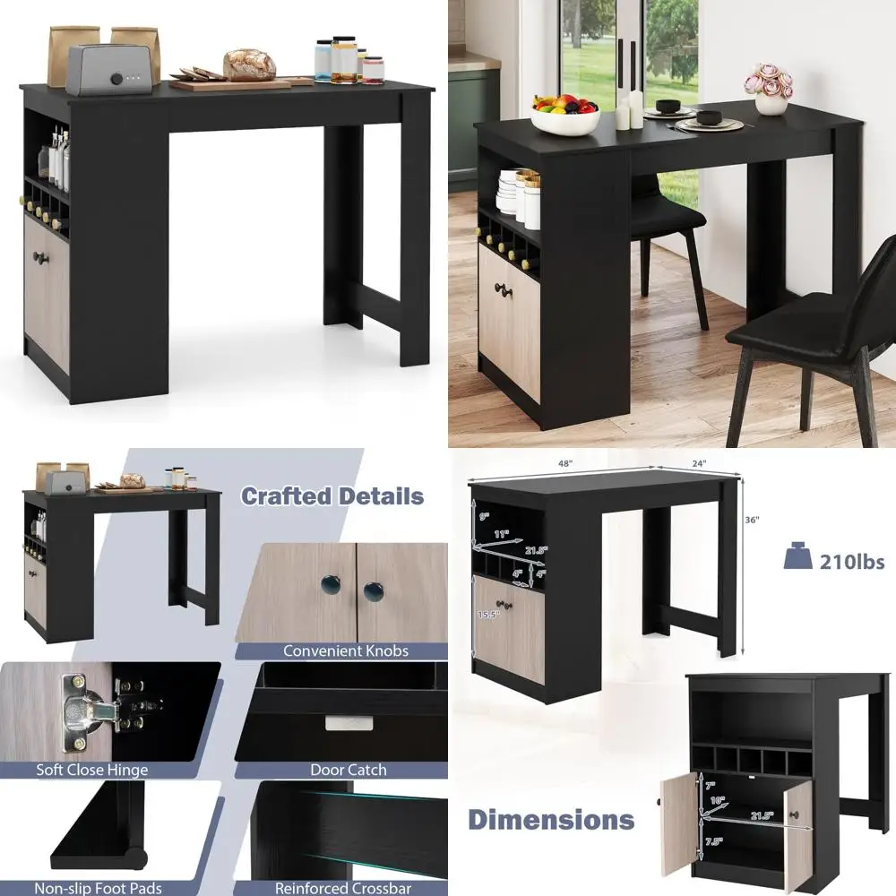 48-Zoll-Esstisch mit Thekenhöhe, Aufbewahrungsschrank, Weinregal und verstellbarem Regal für modernen Bistro-Stil