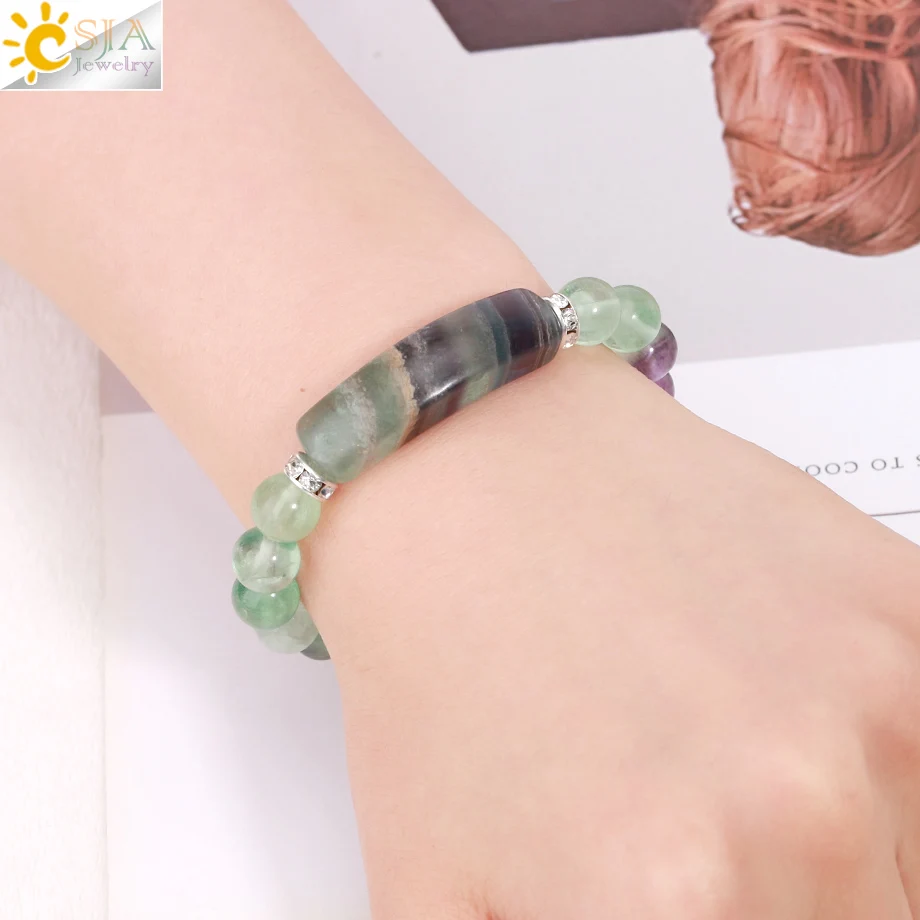 CSJA Reiki Fluorite Crystal Bracelet Natural Stone 8mm Beads Bangle Heart Charm Lucky Stretchy Mala Bangles Healing Jewelry H176