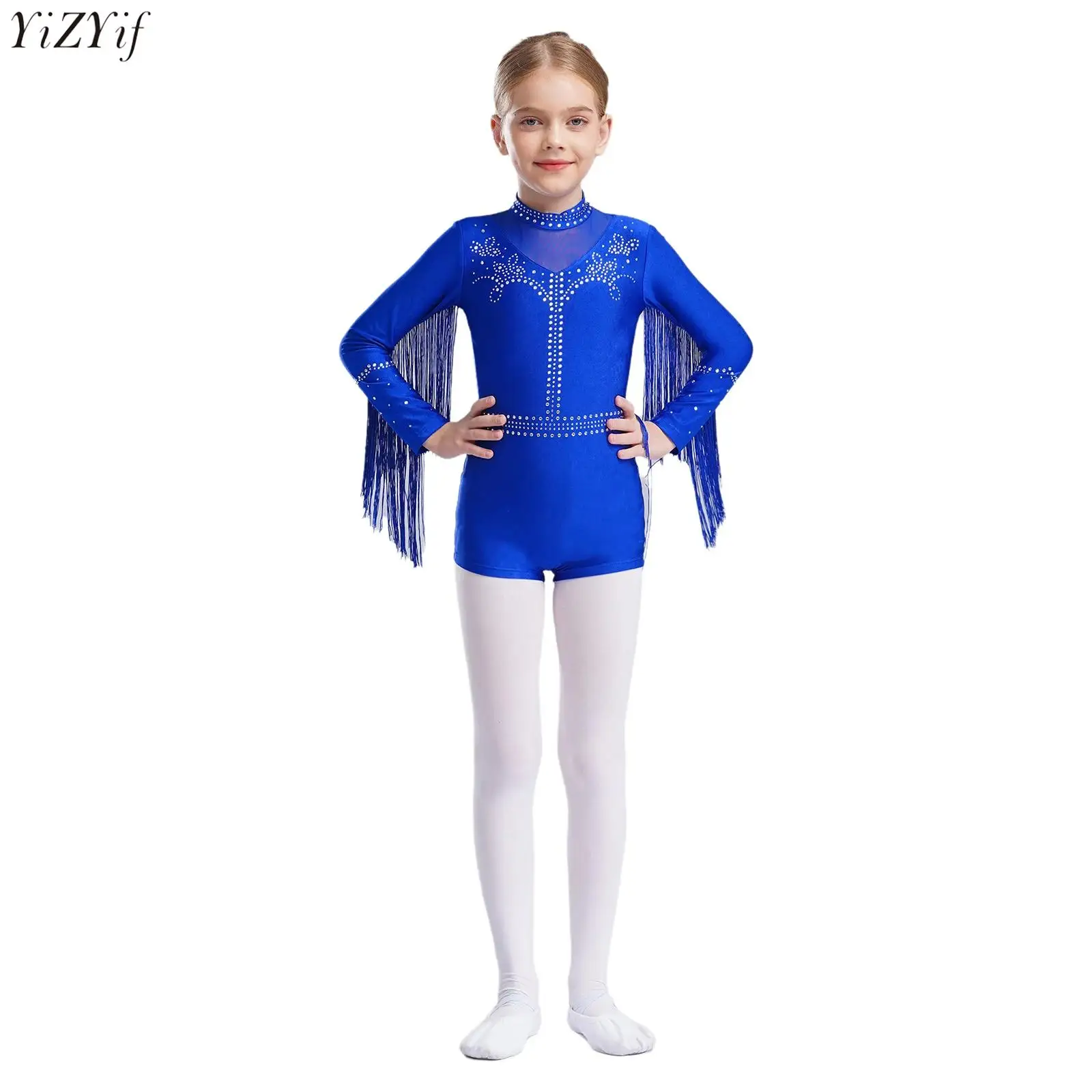 

Kids Girls Shiny Rhinestones Tassels Latin Dance Leotard Jazz Tango Dancewear Long Sleeve Fringe Bodysuit for Stage Performance