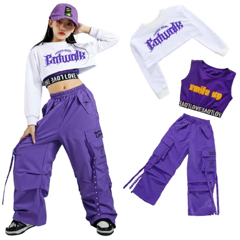 힙합 소녀 K-pop 자르기 탑 보라색 카고 바지 어린이 거리 댄스 복장 어린이 streetwear 그룹 재즈 의류 세트