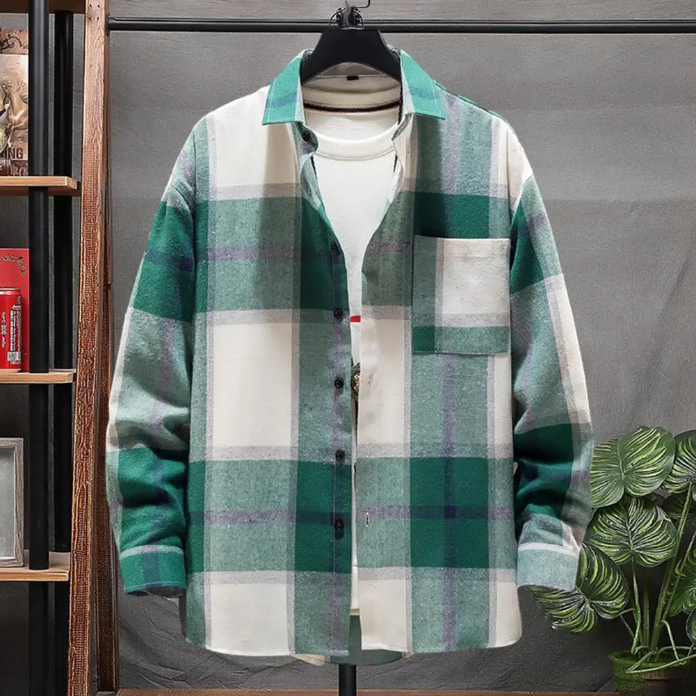 Men Plaid Shirt Coat Turndown Collar Long Sleeve Loose Autumn Shirts Spring Mens Shirt Japan Vintage Style Cardigan Shirt Coat