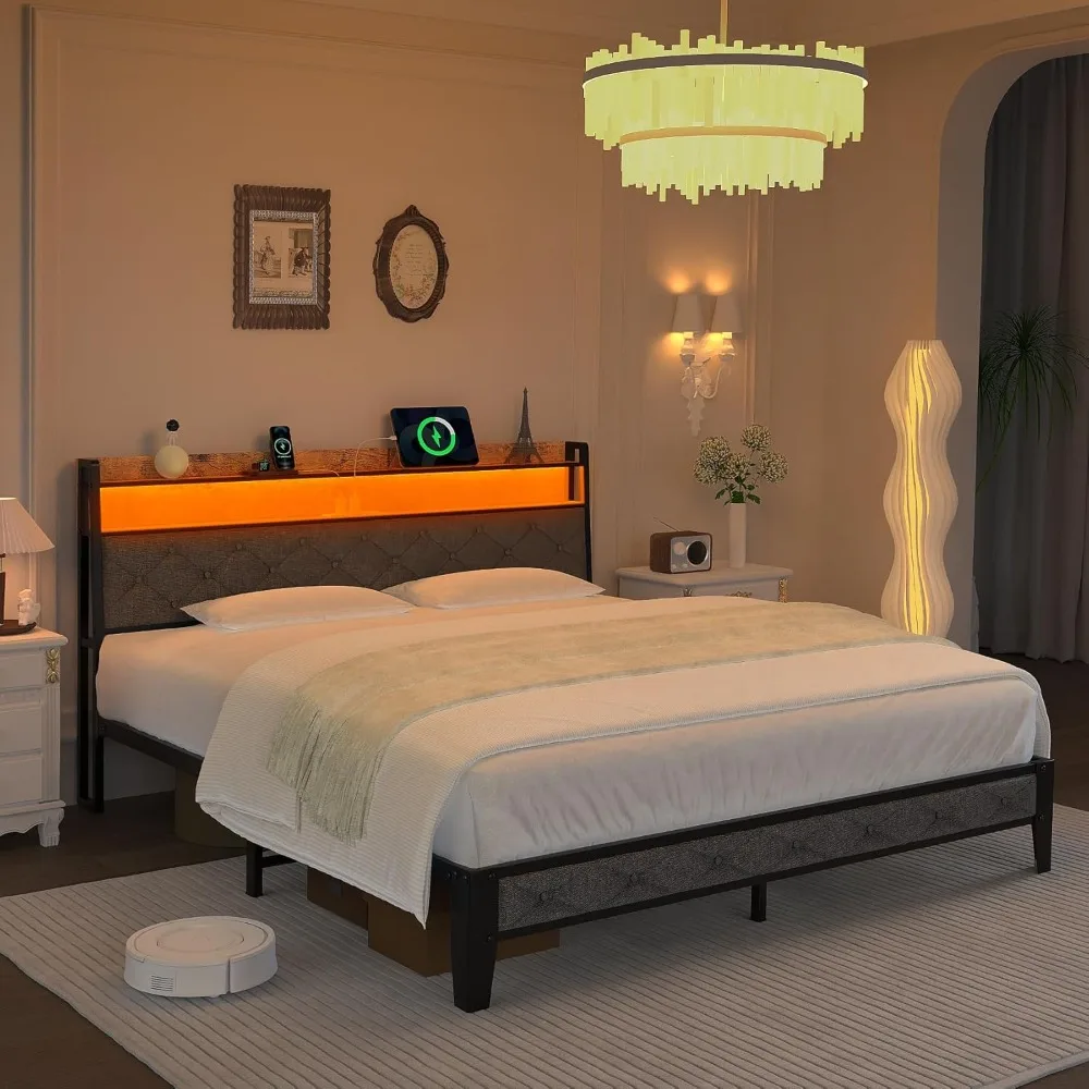 

Bed Frame, Platform Bed Frame with RGB Lights, with Ergonomic Headboard, Sockets and Chargers, Quick Assembly Beds Frames