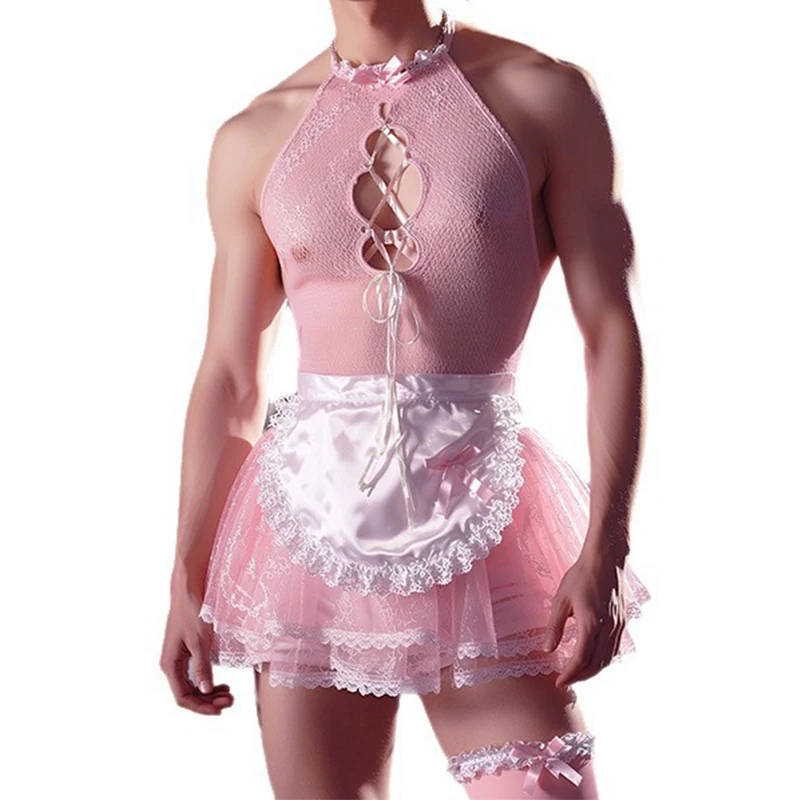 Erkek seksi porno iç çamaşırı pembe transparan dantel bodysuit Erkek hizmetçi Bdsm üniforma önlük aksesuarı sıcak femboy Erotik kostüm yetişkin