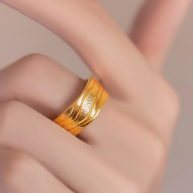 9999 Real Gold 24K High-end wavy texture men's ring gold fashion wavy pattern live gold big ring