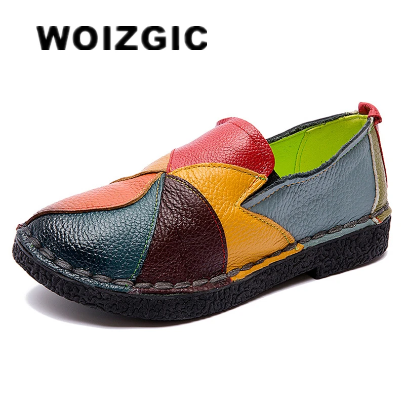 WOIZGIC Female Ladies Women Mother Genuine Leather Shoes Flats Designer Loafers Moccasins Slip On Colorful Plus Size 41 42